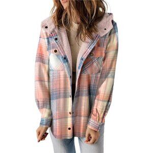 Womens Plaid Shacket Jacket Long Sleeve Button Down Fleece Hooded Jackets